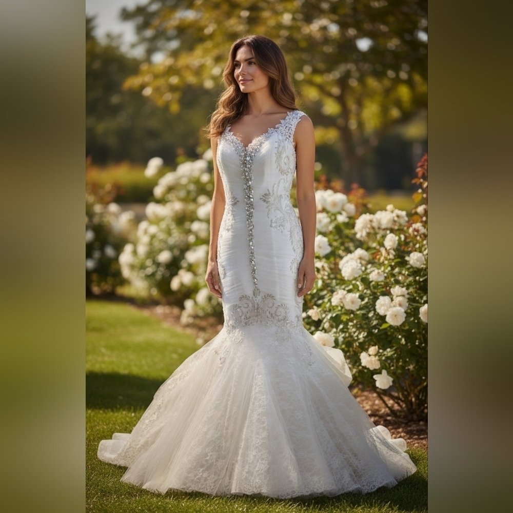 Elegant White Lace Gown with Beaded Details ( SAMPLE ) ** Small Defect**